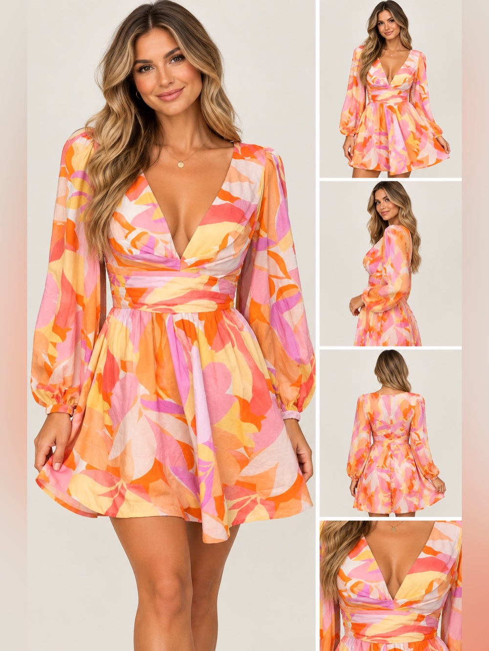 All About May Women's Abstract Print Long Sleeve V-Neck Mini Dress size 6